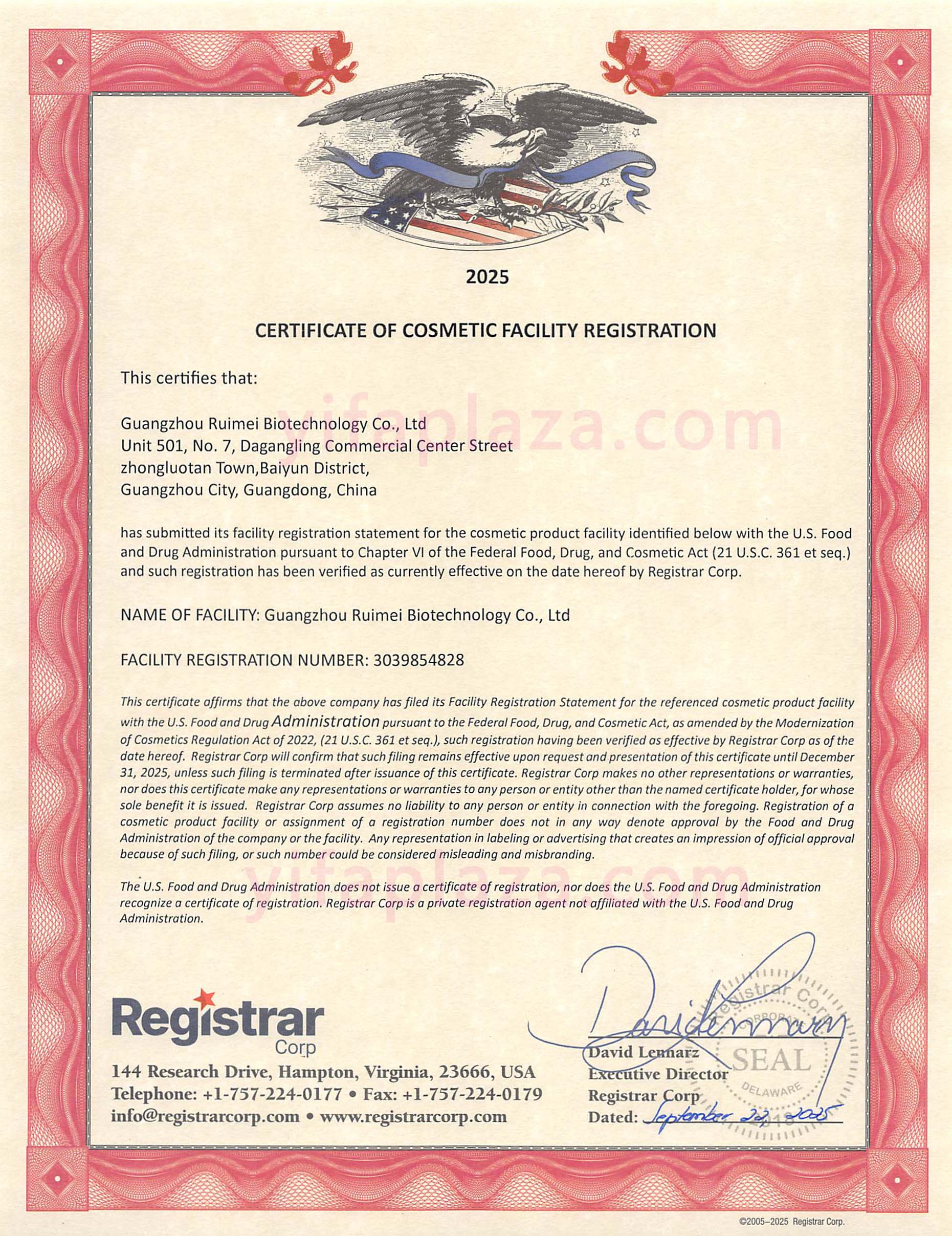 CERTIFICATE OF COSMETIC FACILITY REGISTRATION