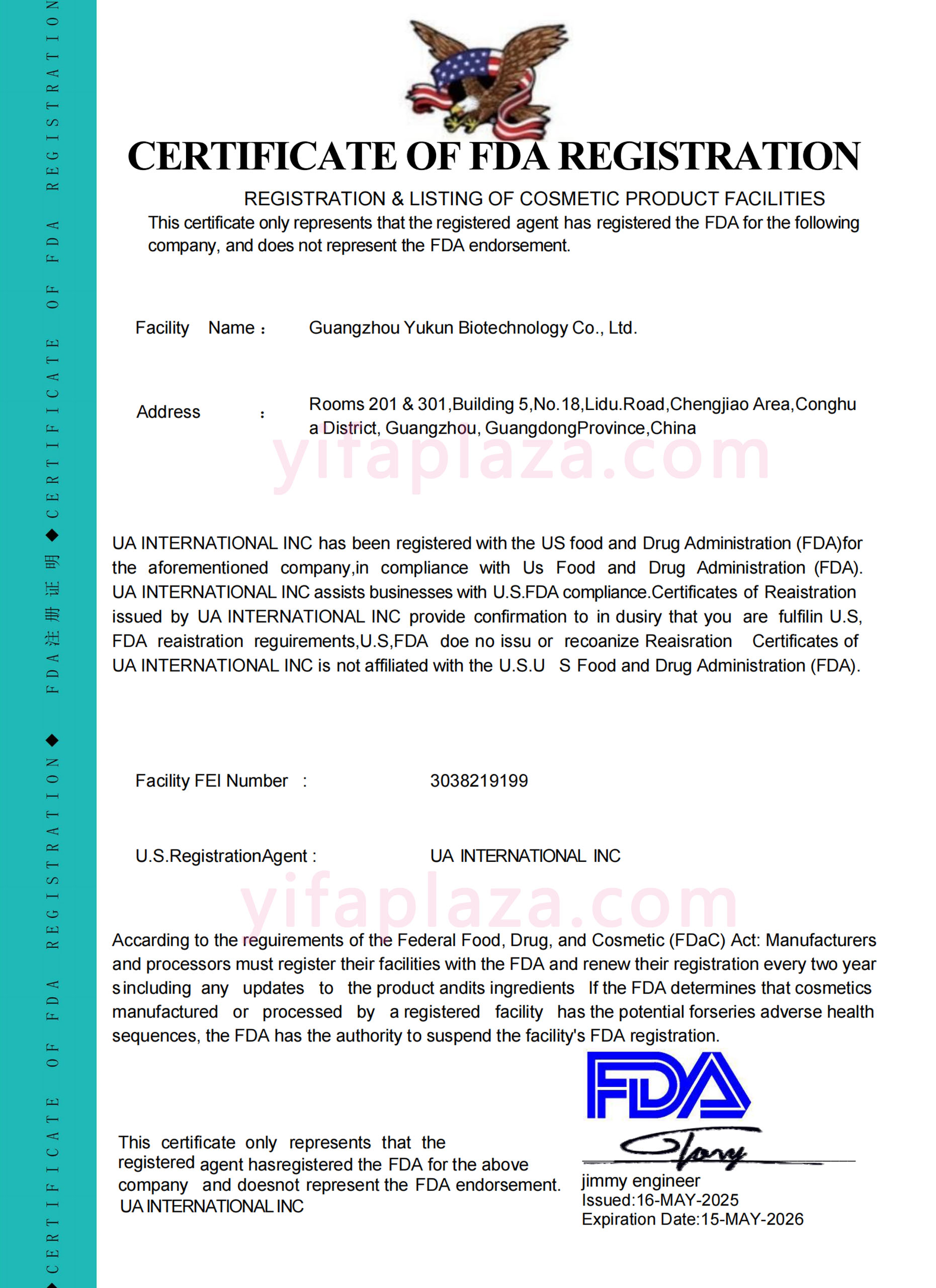 certificate of FDA registration