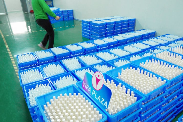 Cosmetics logistics staging area with packaged components at a selected supplier facility