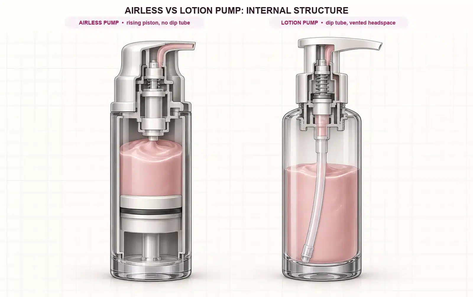 Cutaway comparison of an airless pump with a rising piston and a lotion pump with a dip tube