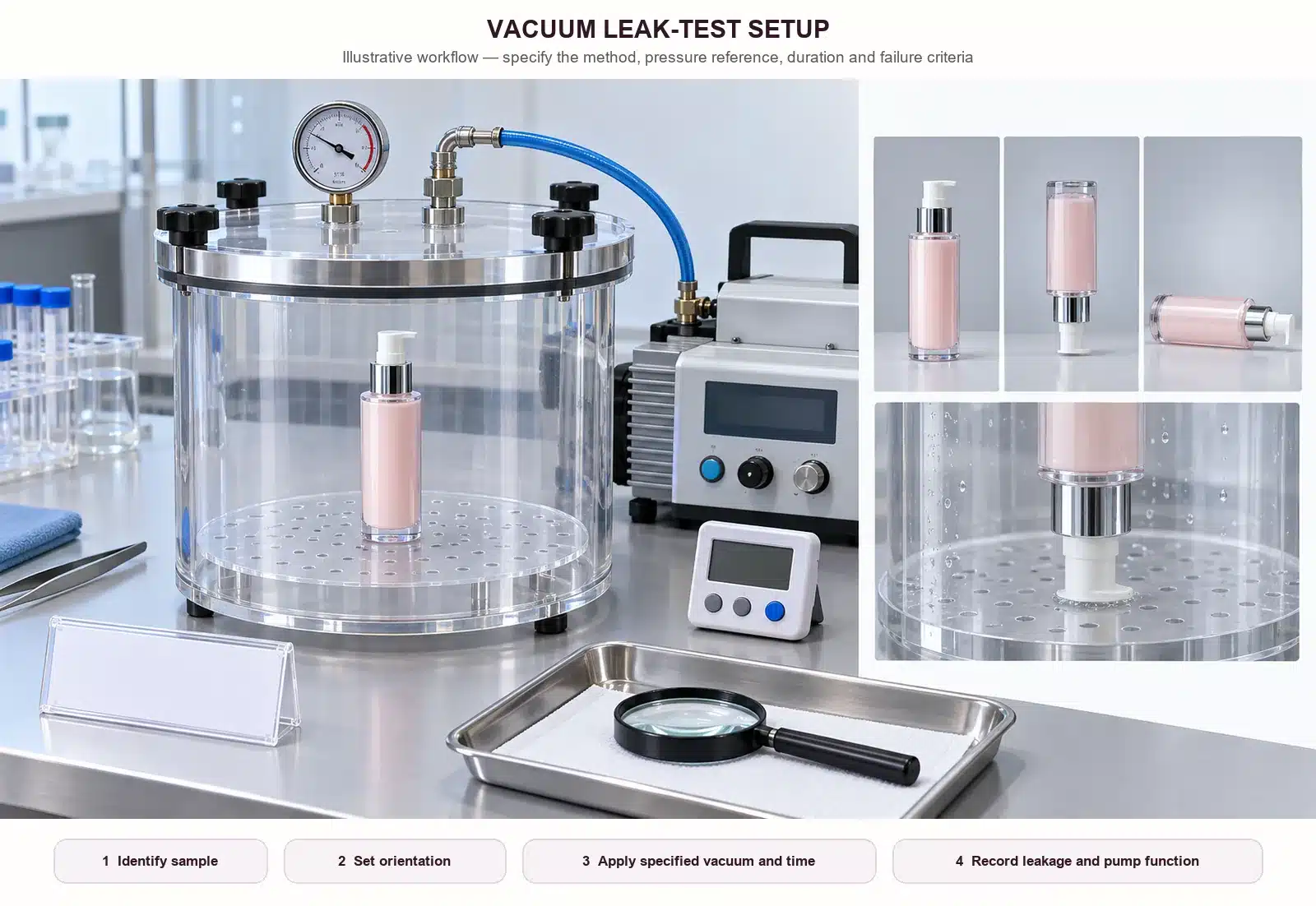 Illustrative cosmetic pump bottle vacuum leak-test setup with chamber, gauge, timer and sample orientations